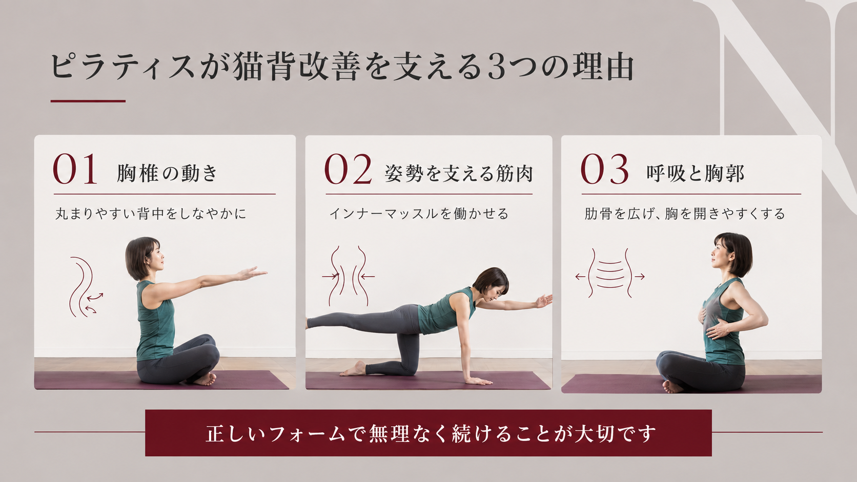 ピラティスが胸椎の動き・姿勢を支える筋肉・呼吸から猫背改善を支える理由