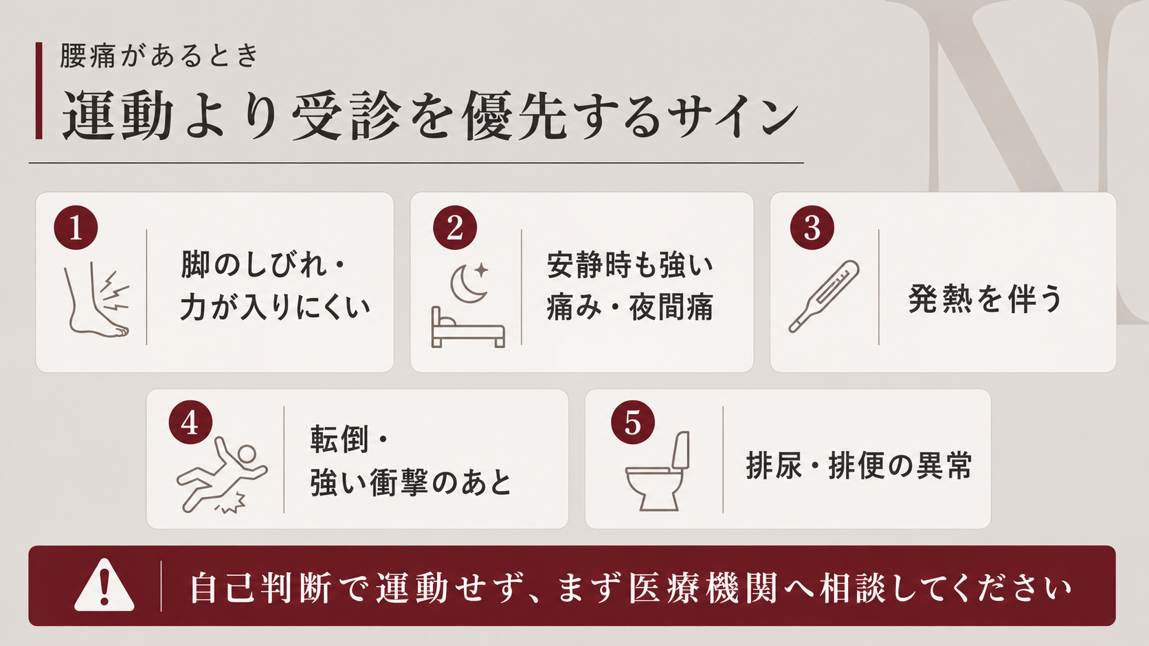 腰痛で医療機関への受診を優先すべき脚のしびれ・夜間痛・発熱・外傷・排尿排便異常