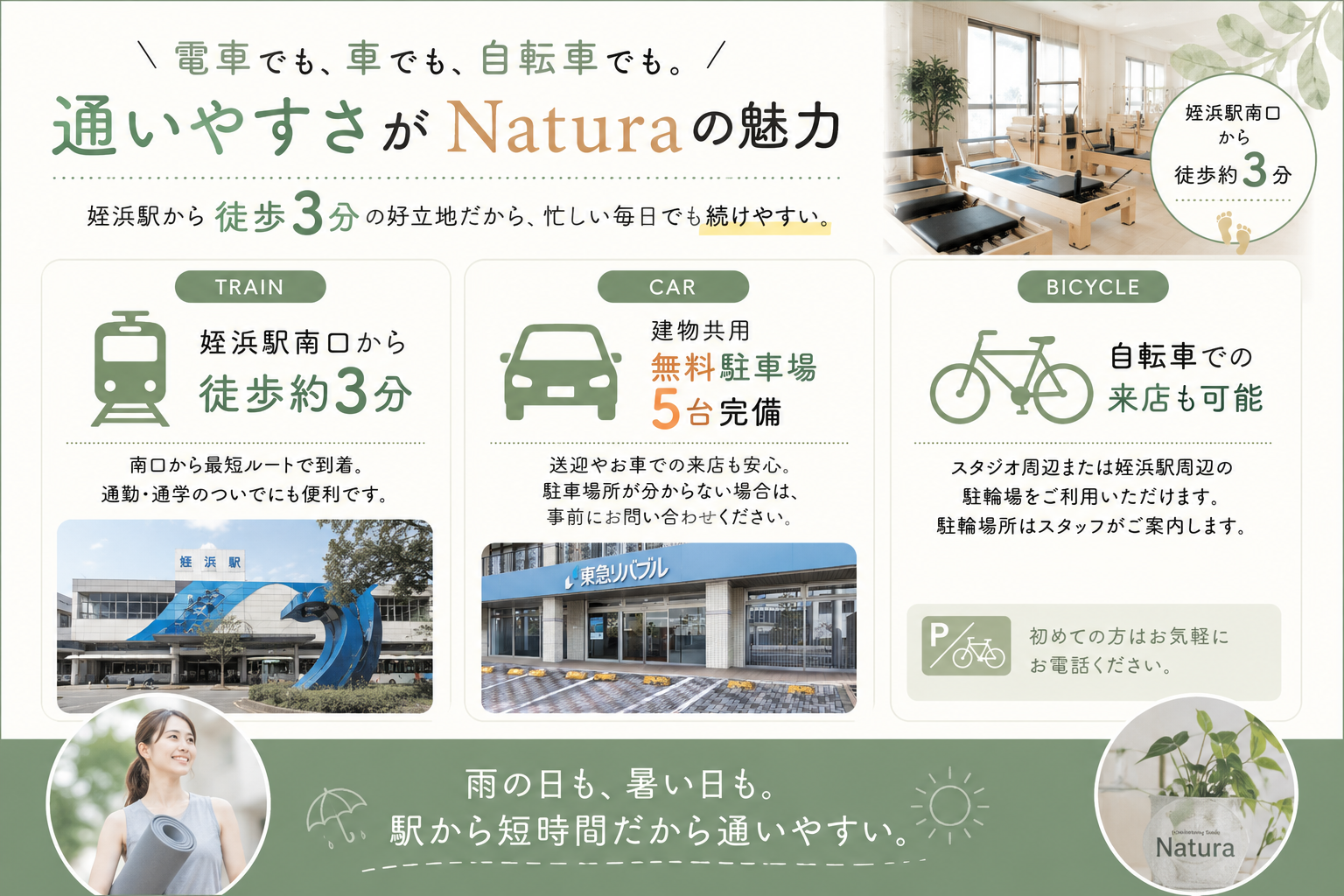 Naturaは電車、自転車、車で通いやすい