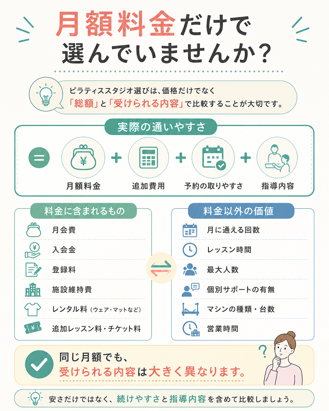 ピラティススタジオの月額料金と追加費用やレッスン内容を比較する方法